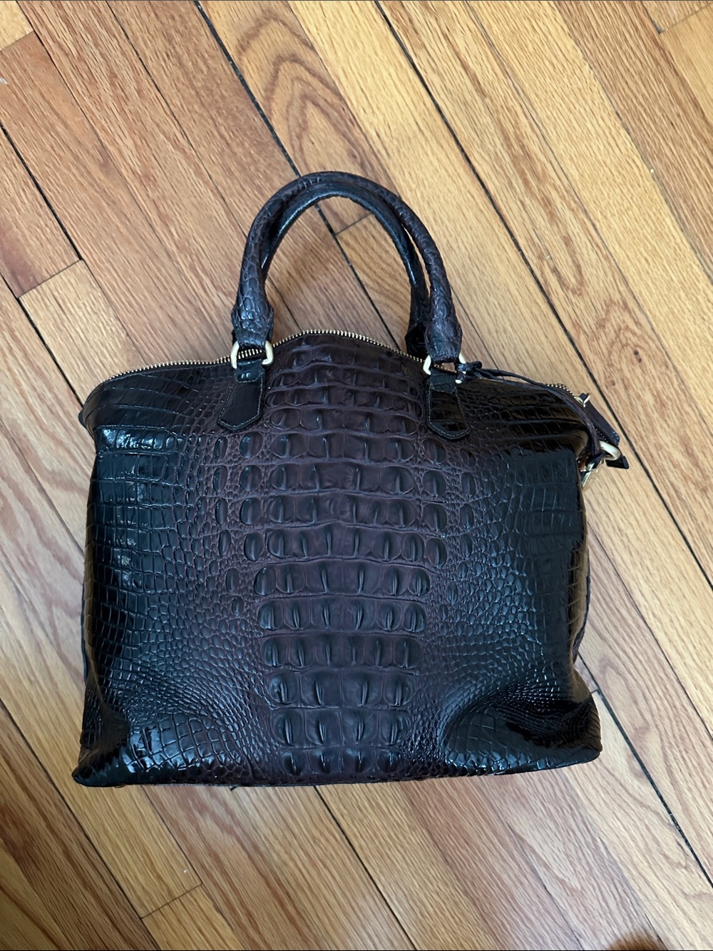 Brahmin Two-Tone Croc-Embossed Satchel in Brown and Black